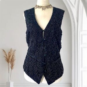 Witchy Whimsygoth Black Satin Lace Rose Beaded Lace Button Down Vest Top M